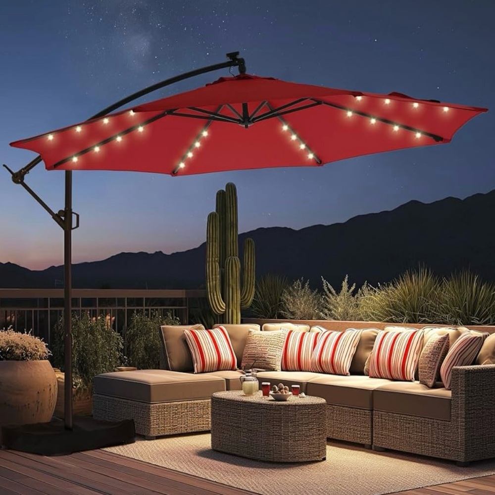 10FT Solar Powered Patio Umbrella with LED Lights – Red